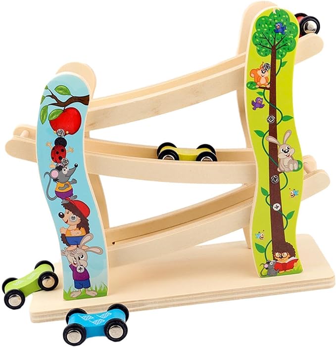 Toddler Toys Wooden Race Track with 4 Mini Cars