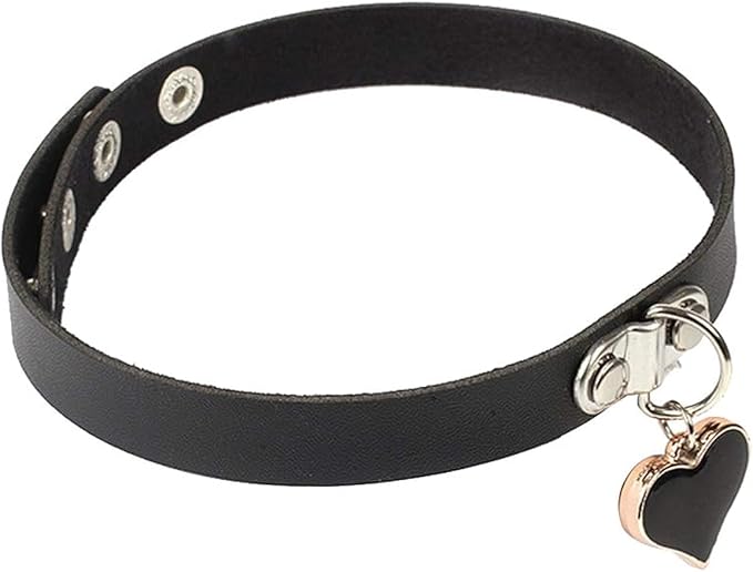 Black Faux Leather Choker Necklace With Dangling Heart Pendant