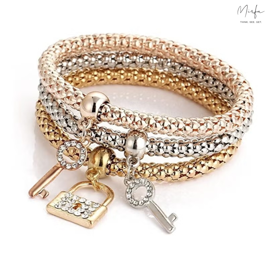 Silver and rose gold women's Key & Lock bracelet jewelry set