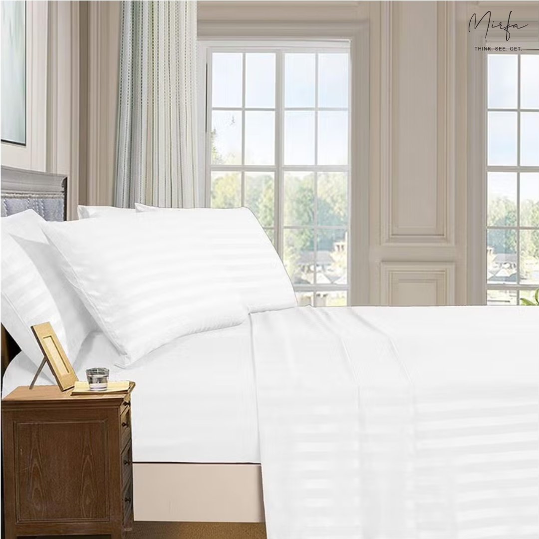 Experience Ultimate Luxury with Our Elegant Comfort 3-Piece Damask Stripe Super King Size Bed Sheet Set – 300 Thread Count, Wrinkle Resistant, and Made in Pakistan