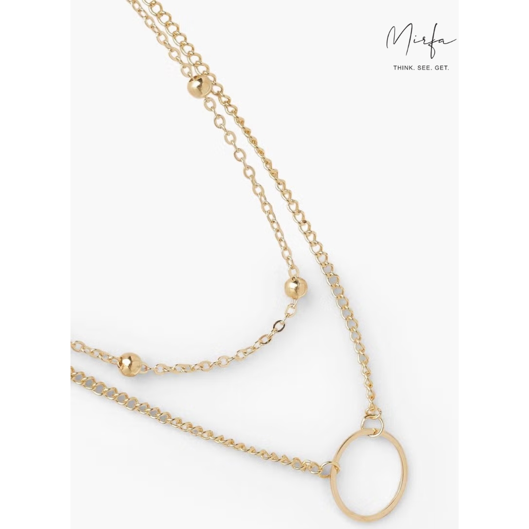 Circle Pendant With Small Golden Balls Double Layered Chain Necklace