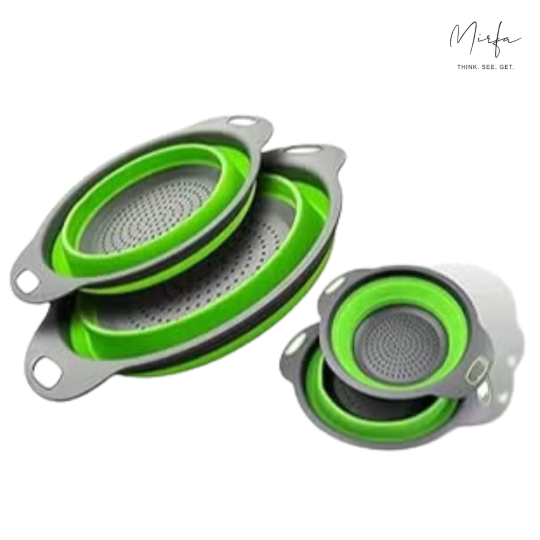 Food-Grade Silicone Round Collapsible Colander Kitchen Strainer (2Pcs - Green)