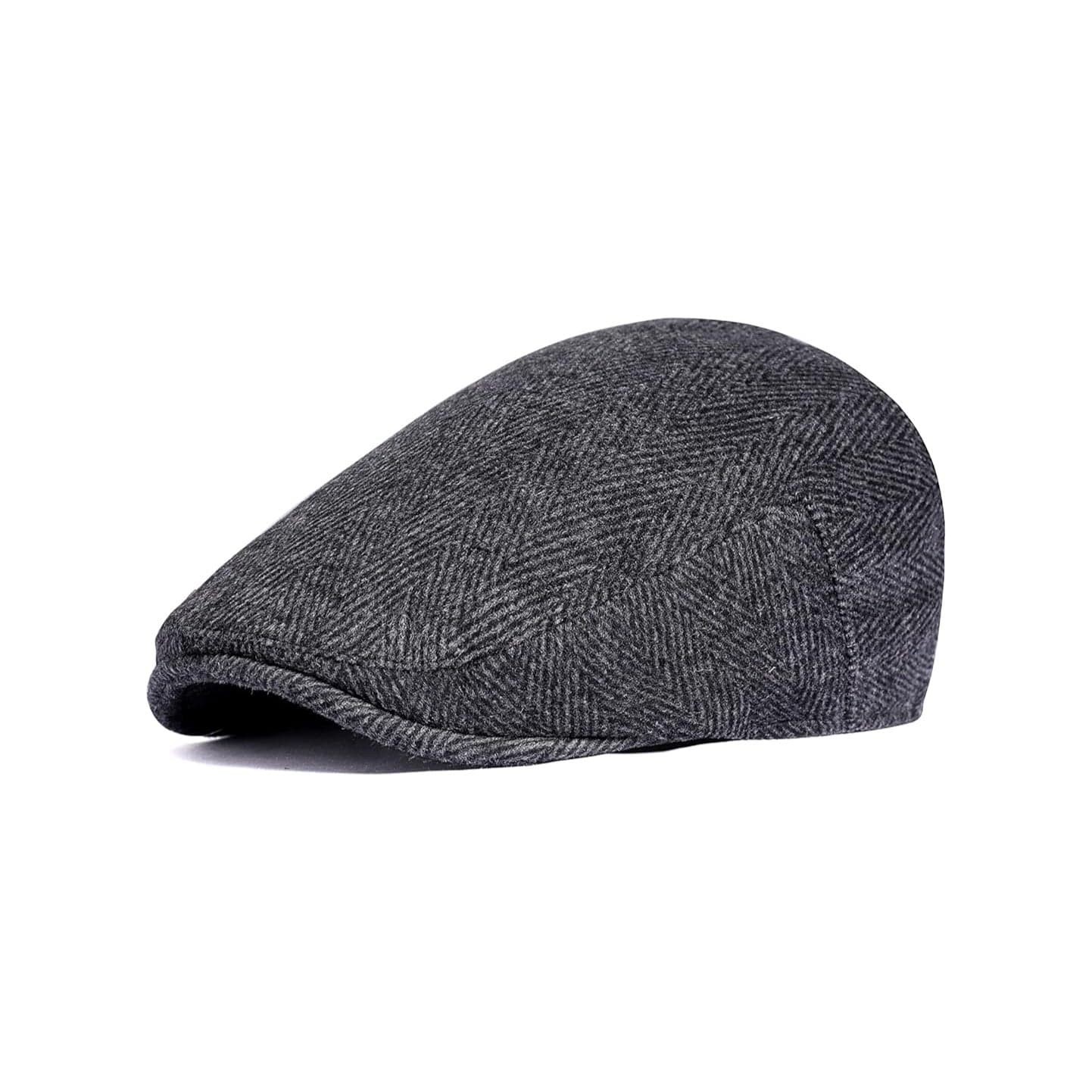 Classic Herringbone Wool Tweed Flat Gatsby Newsboy Ivy Cap (Grey)