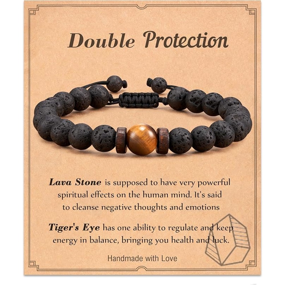 Double Protection Handmade Natural Stone Bead Bracelet (8mm Lava Rock And Tiger Eye Stones)