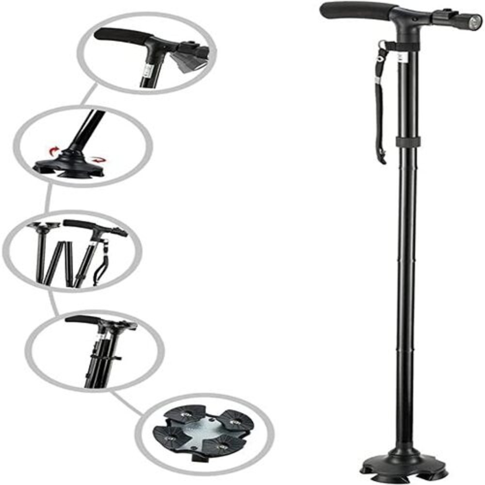Adventure-Ready Folding Cane: LED Light, Adjustable, Cushioned T Handle, Pivoting Quad Base – Ideal for Hiking, Mountain Climbing, and Backpacking