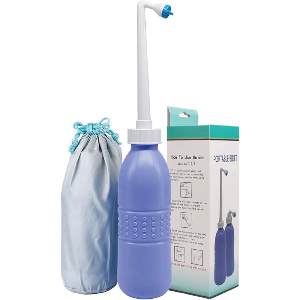 Portable large capacity 650 ml bottle for travel toilets with a hand-held water spray Shattaf - Blue color - Plastic bidet type