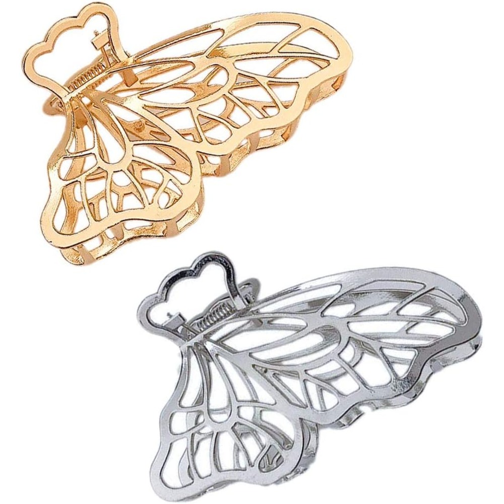 Butterfly Shaped Large Metal Hair Clips Golden And Silver - Pack of 2
