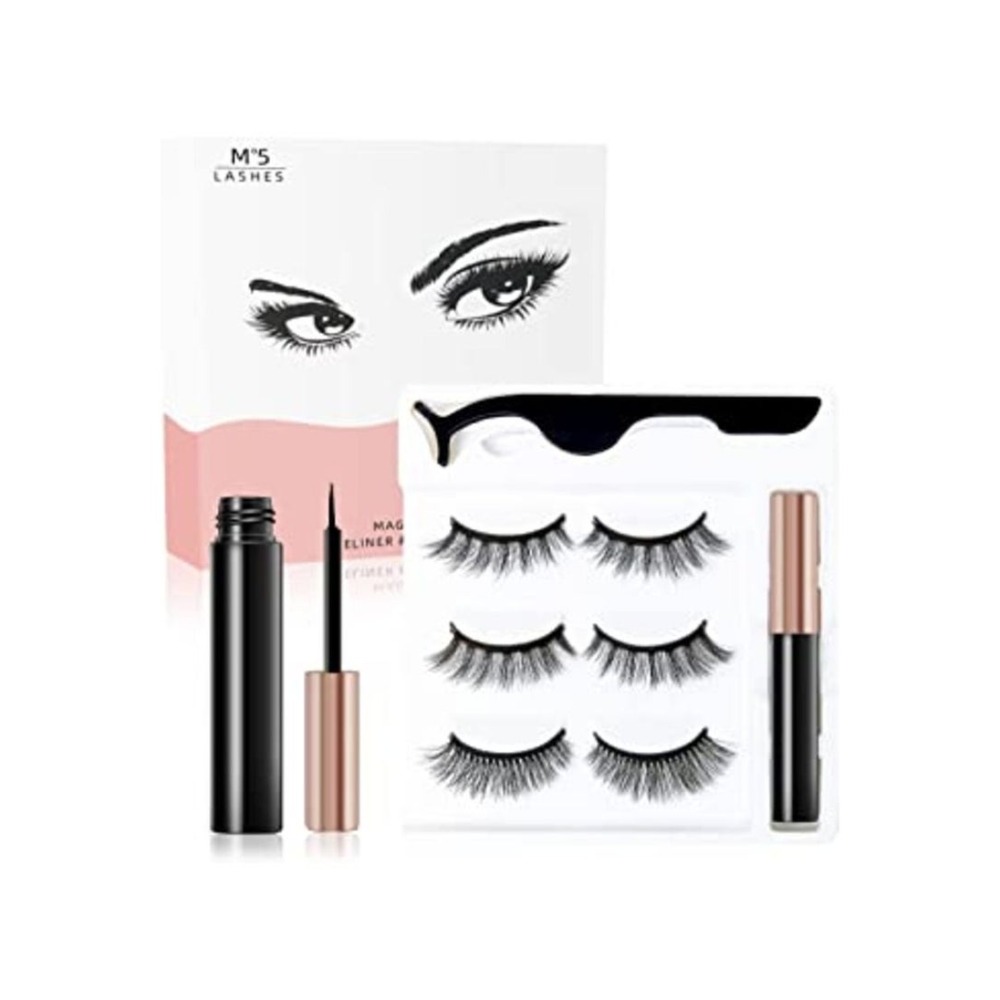 Upgraded Magnetic Eyelashes Kit Magnetic Lashes with Eyeliner Set 3D Reusable No Glue False Lashes Set with Tweezers 3 Pairs 3D 5 to 15mm