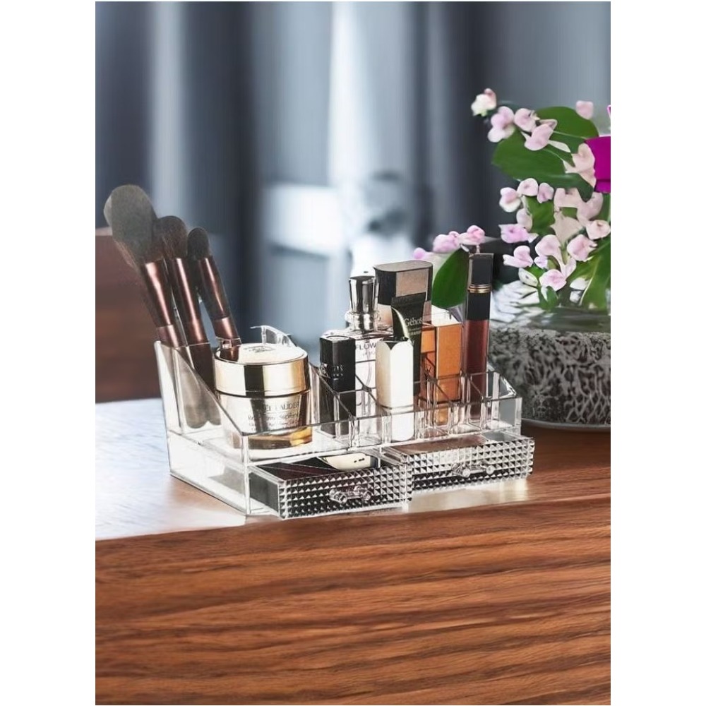 Makeup Organizer, Clear Acrylic Cosmetic Organizer Makeup Holder Display Jewelry Storage, Bathroon,Office Use, Case 2 Drawer For Lipstick Liner Brush Holder Black (Clear)