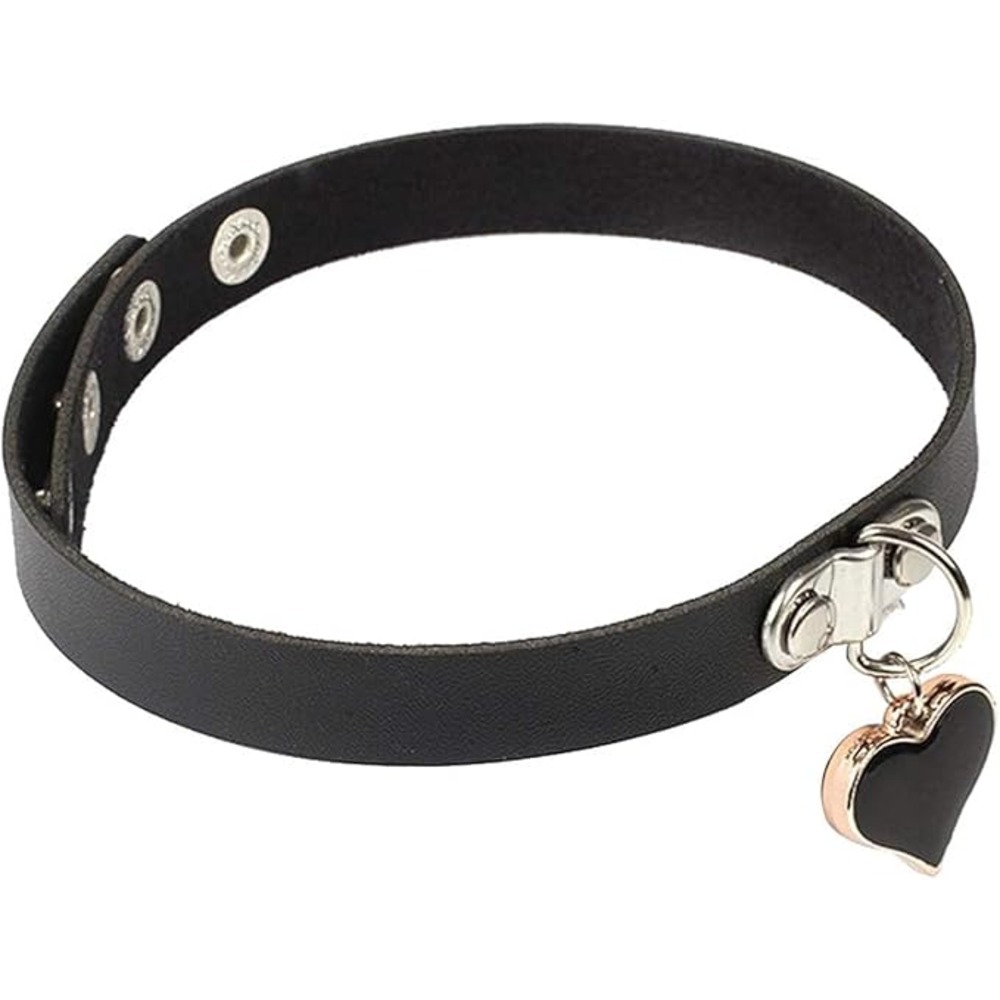 Black Faux Leather Choker Necklace With Dangling Heart Pendant