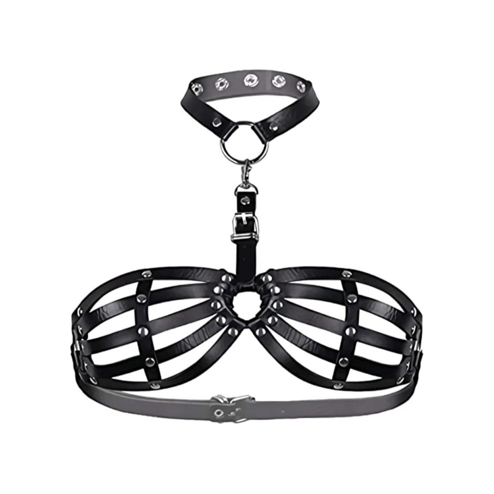 Leather Cupless Strappy O-Ring Open Caged Body Harness Bra Top