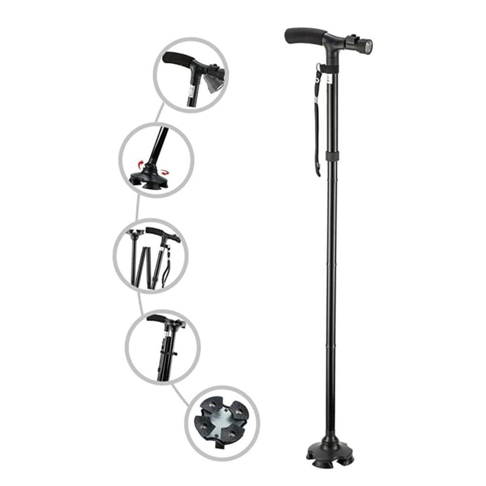 Adventure-Ready Folding Cane: LED Light, Adjustable, Cushioned T Handle, Pivoting Quad Base – Ideal for Hiking, Mountain Climbing, and Backpacking