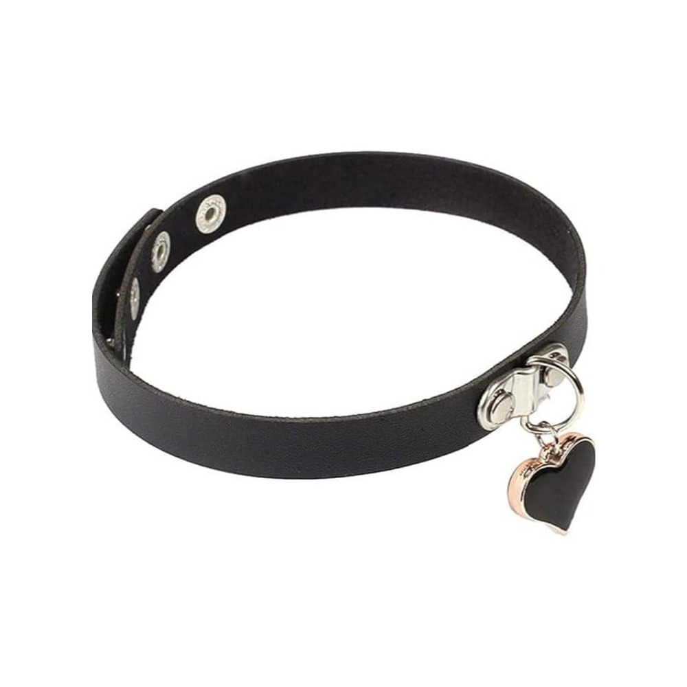 Black Faux Leather Choker Necklace With Dangling Heart Pendant