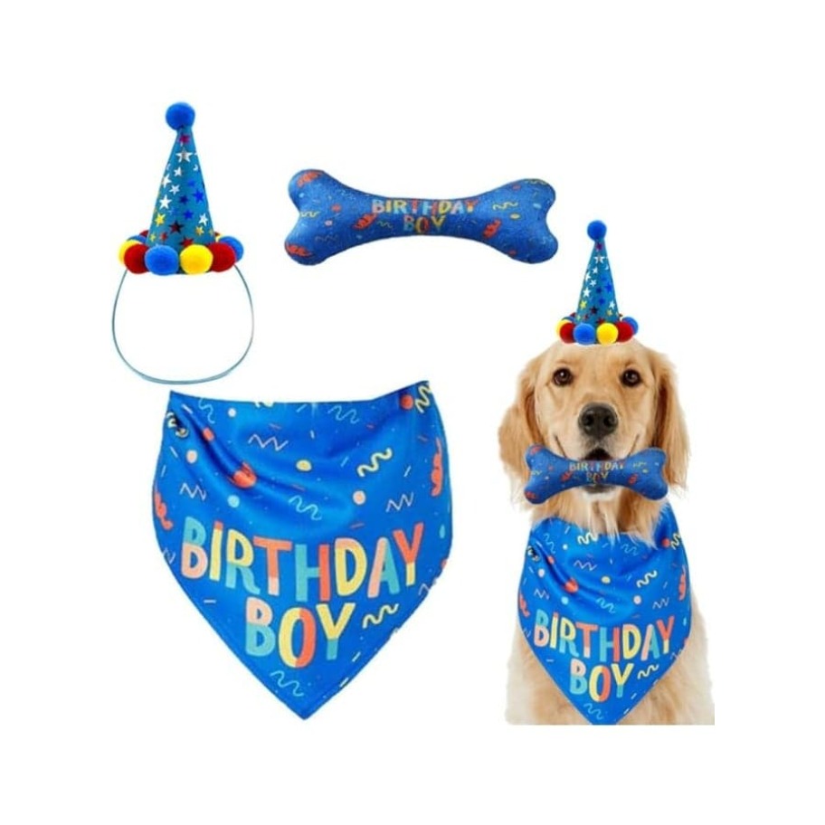 Dog Birthday Boy Bandana Hat Toy Set - Blue